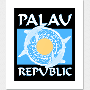 Palau Republic Flag with Oceanic Whitetip Sharks Posters and Art